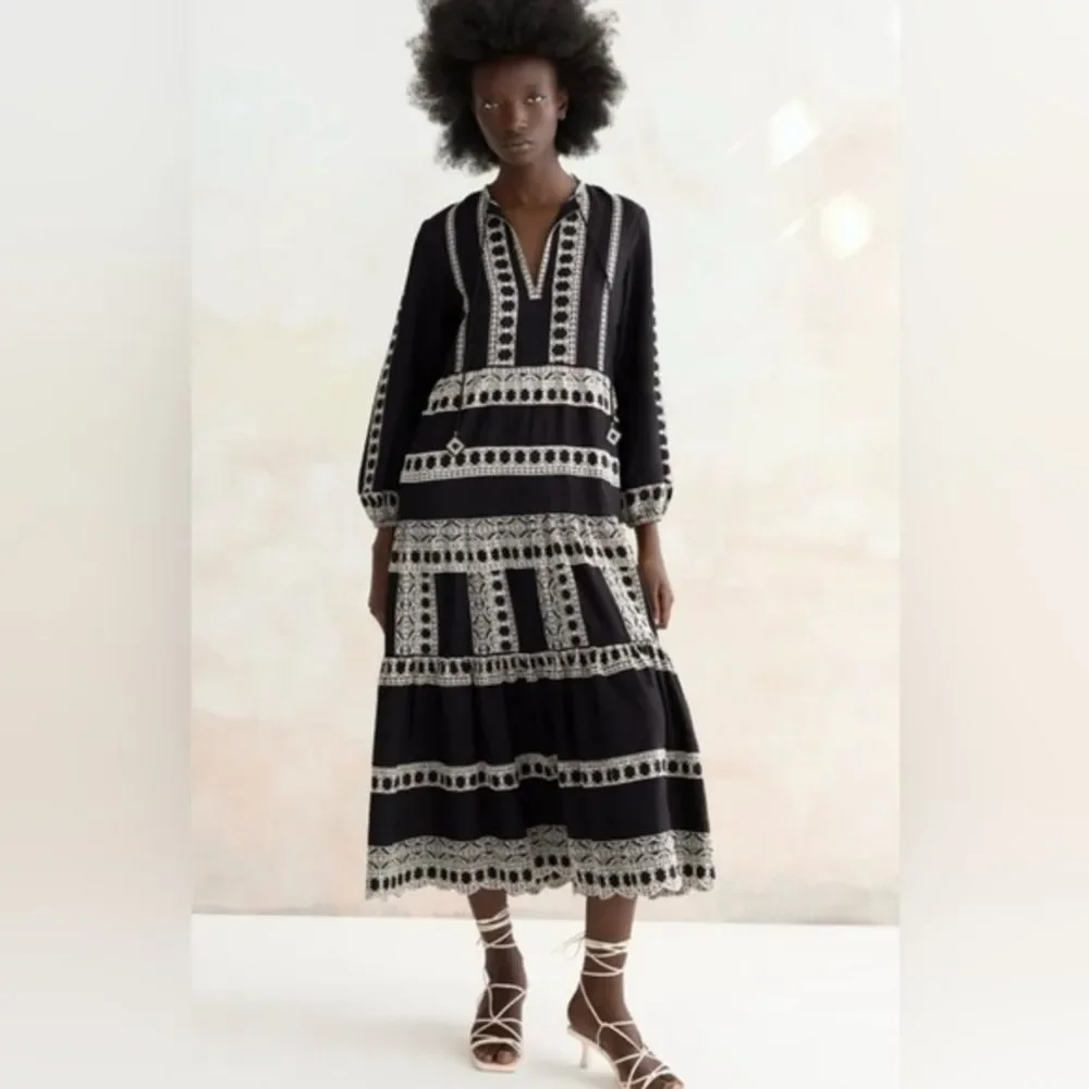(B4) ZARA MIDI EMBROIDERY LONG SLEEVE BLACK DRESS S22‎ SIZES XS REF.4786/066 - Picture 14 of 16